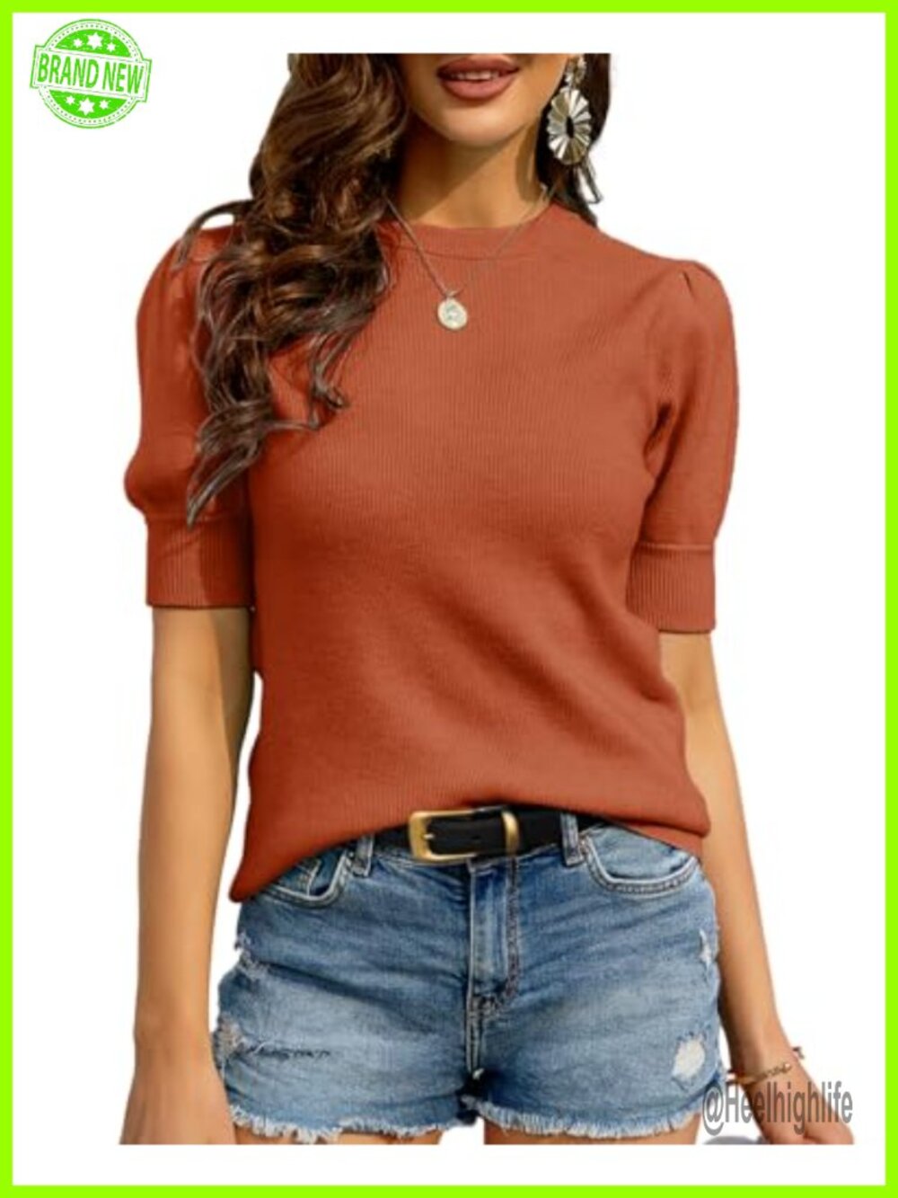 Womens Short Sleeve Ribbed Knit Sweater Crew Neck Pullover